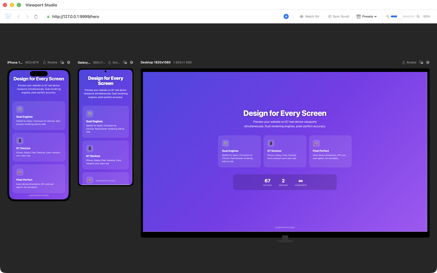 BrowserView — iPhone, Galaxy, and Desktop side by side